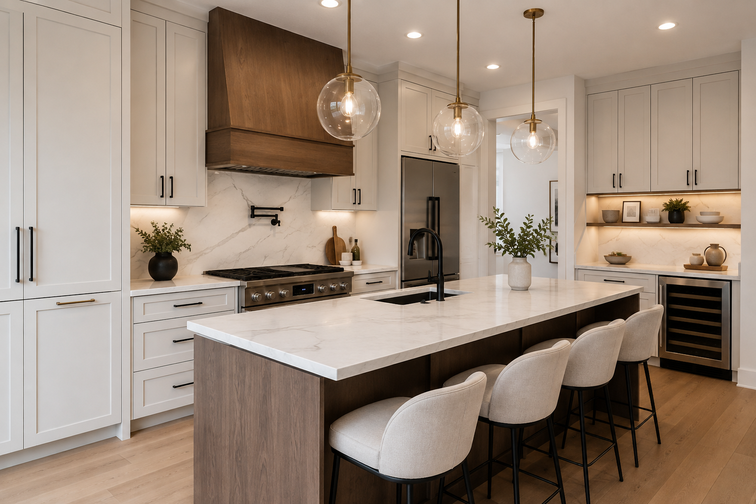 Renovated kitchen with marble island