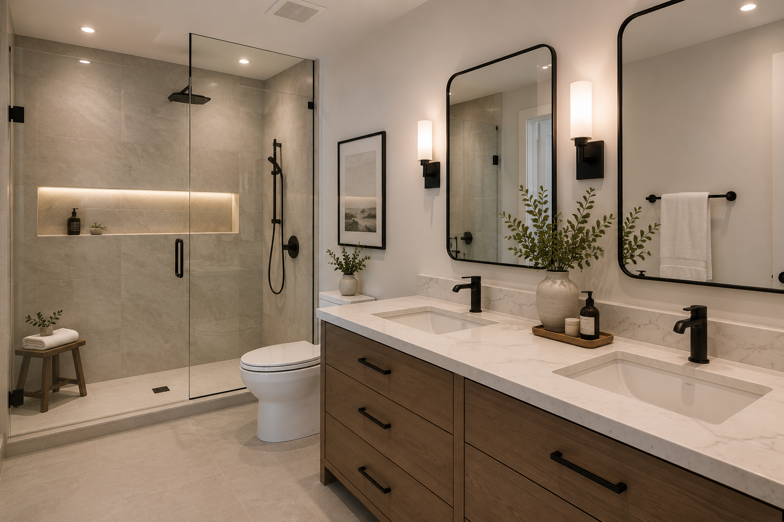 Renovated bathroom with walk-in shower