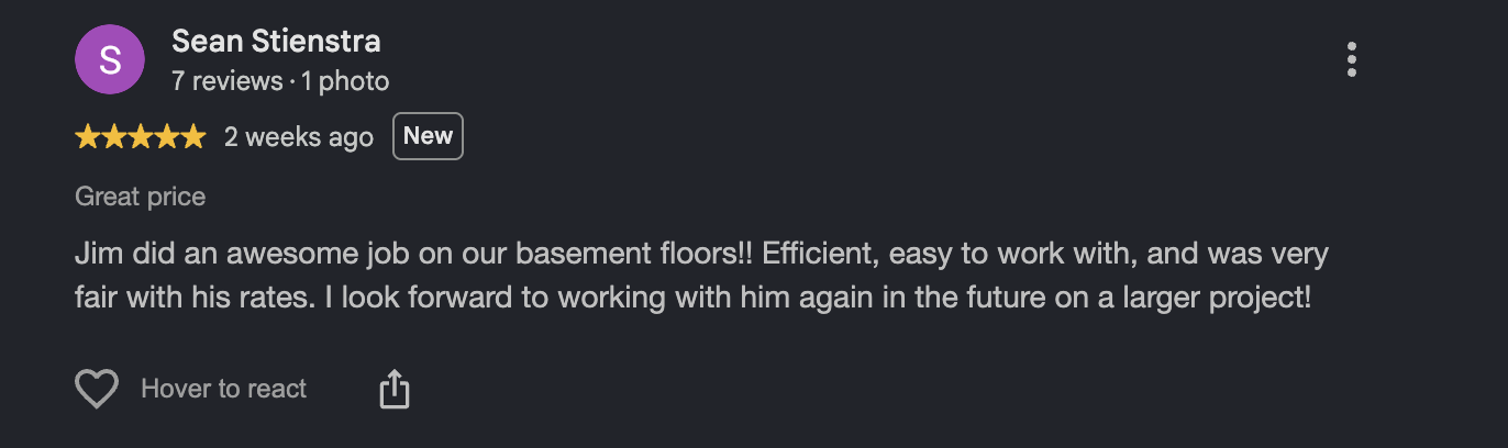 Google review from Sean Stienstra, five stars