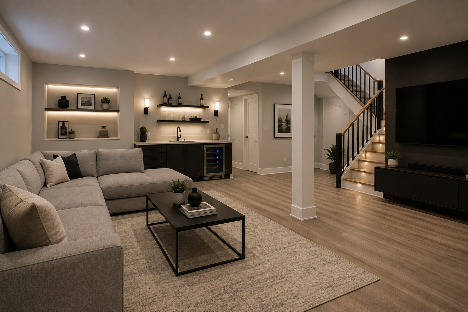 Finished basement with wet bar and lounge