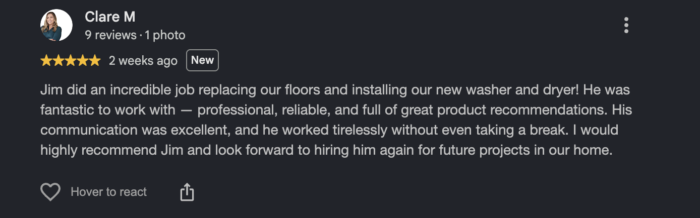 Google review from Clare M, five stars